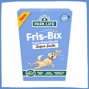 
            
                Load image into Gallery viewer, PARK LiFE Fris-Bix, Frisbee Shaped biscuits for throwing, catching, and playful snacking. Front of Pack. 
            
        